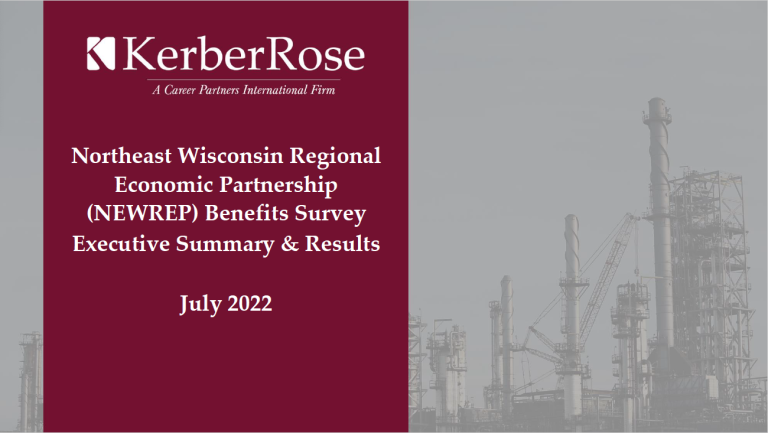 Executive summary of the Northeast Wisconsin Regional Economic Partnership (NEWREP) Benefits Survey by KerberRose, detailing findings and results from July 2022, with an industrial background image.
